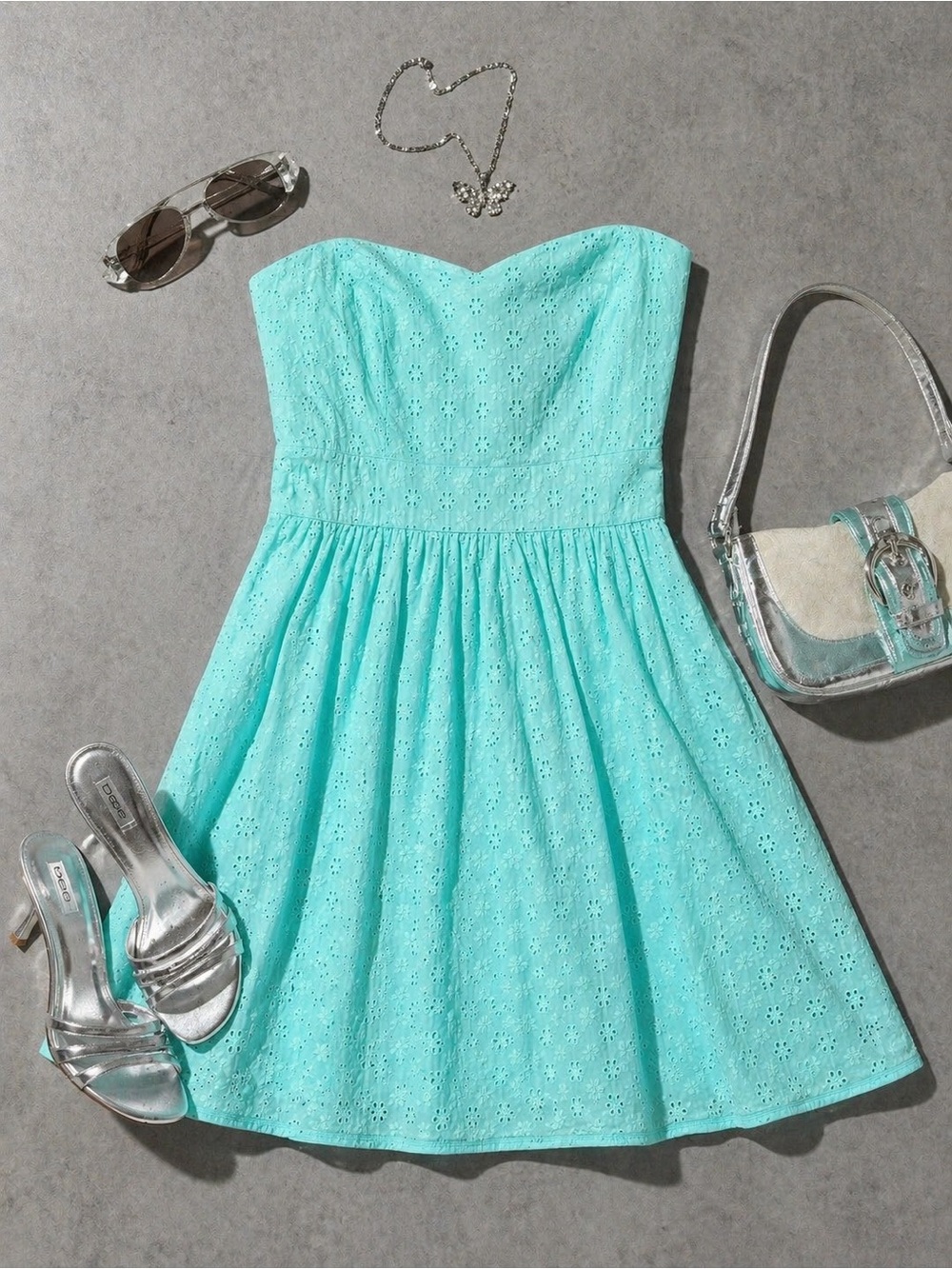 Criss Cross Aqua Blue Strapless Eyelet Dress Size Small Light Blue Summer